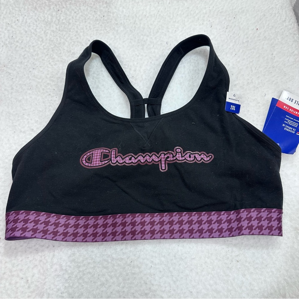 Champion Black Sports Bra with Purple Houndstooth Accents